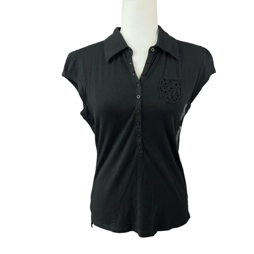DKNY Womens Black Short Sleeve Half Button Top Crochet Trim Size Large NWT